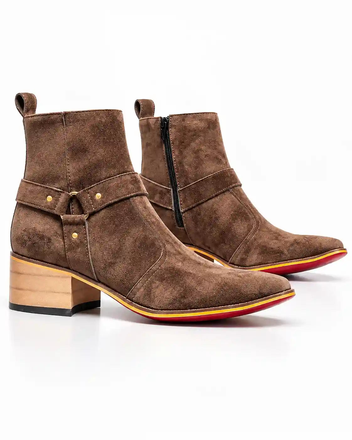 Brown Textured Harness Zip Ankle Boots