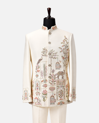 Ivory Floral Embroidered Bandhgala Suit
