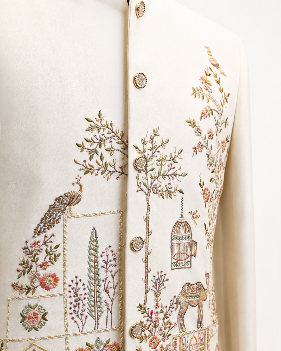 Ivory Floral Embroidered Bandhgala Suit