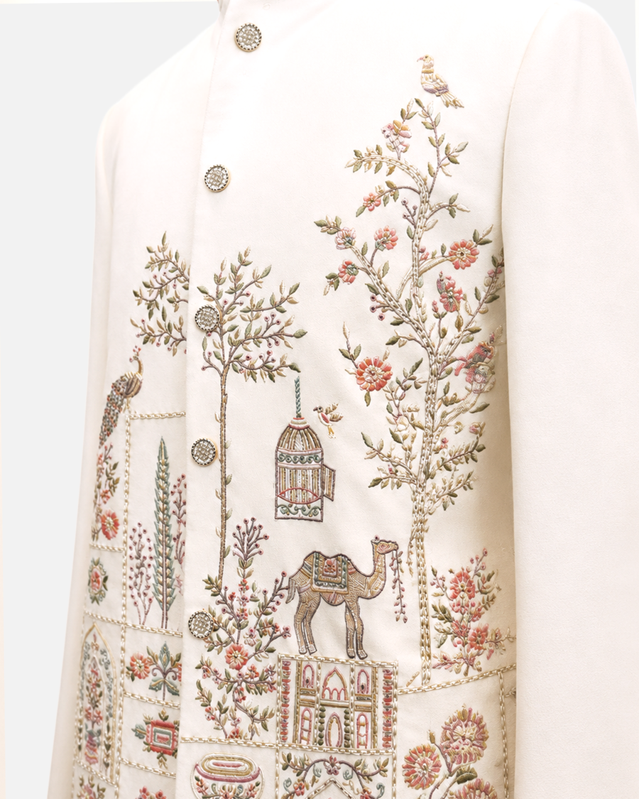 Ivory Floral Embroidered Bandhgala Suit - Desire by Bharat Ahuja