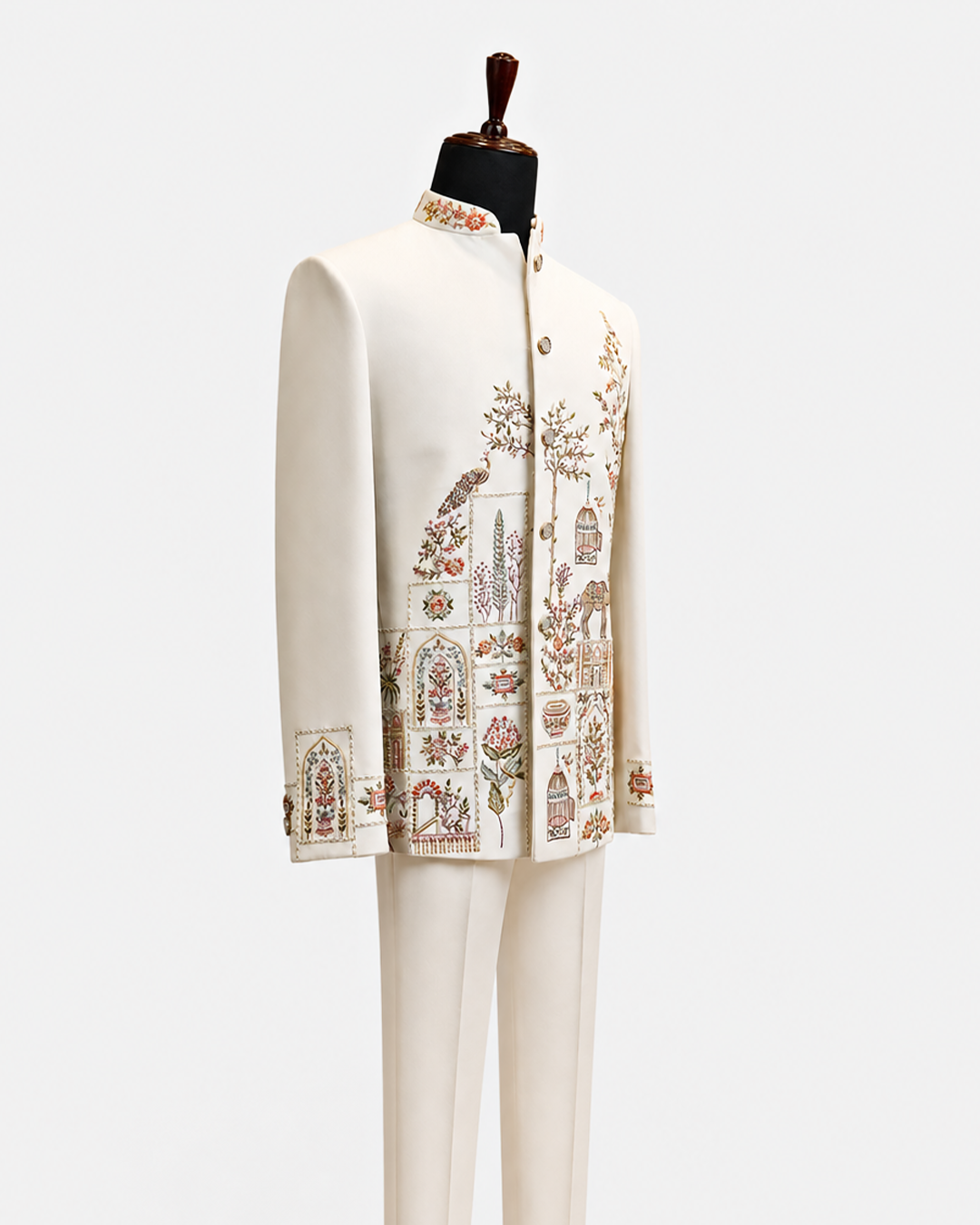 Ivory Floral Embroidered Bandhgala Suit