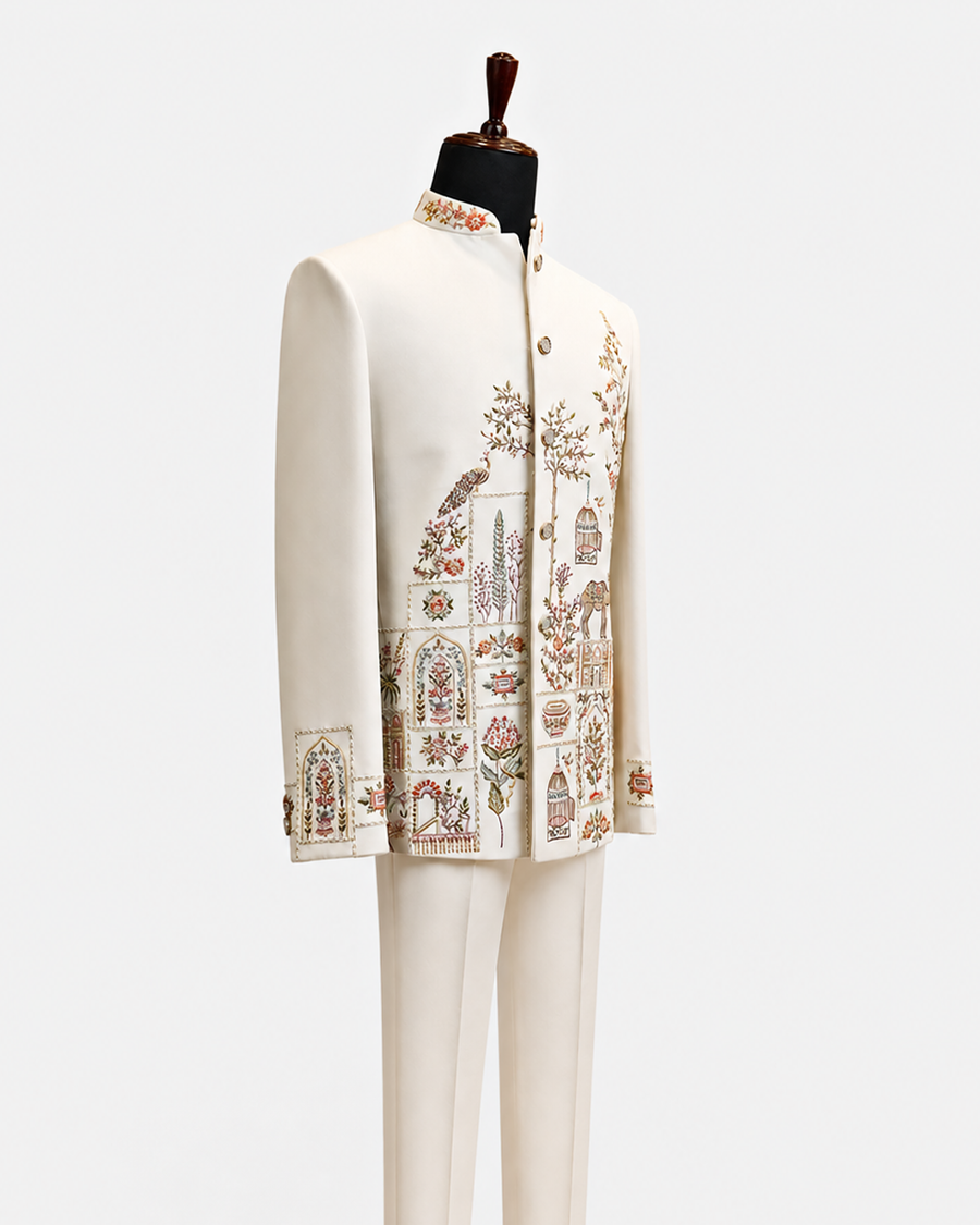Ivory Floral Embroidered Bandhgala Suit - Desire by Bharat Ahuja