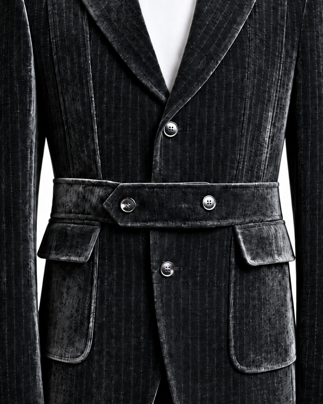 Black Textured Belted Luxury Blazer