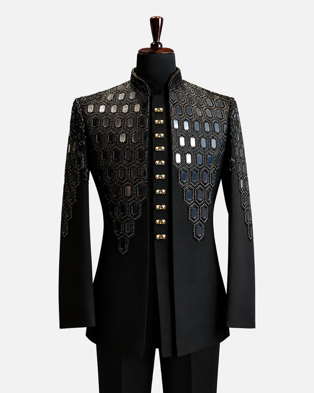 Regal Black Geometric Embellished Bandhgala Suit