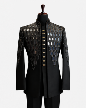 Regal Black Geometric Embellished Bandhgala Suit
