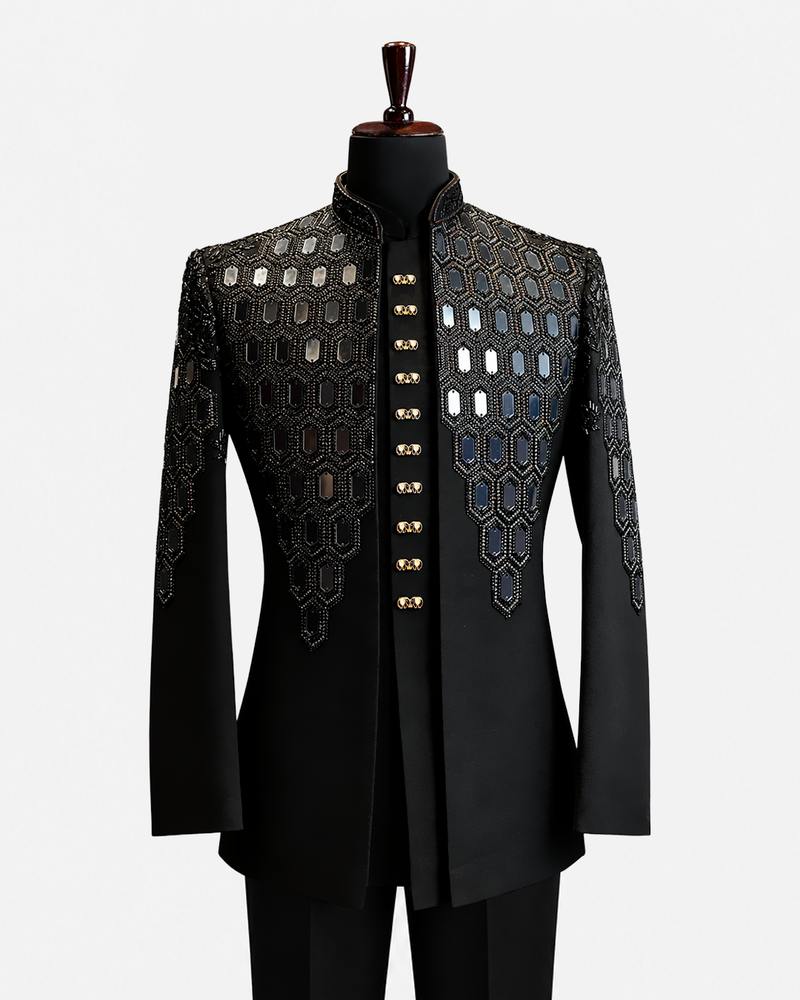 Regal Black Geometric Embellished Bandhgala Suit