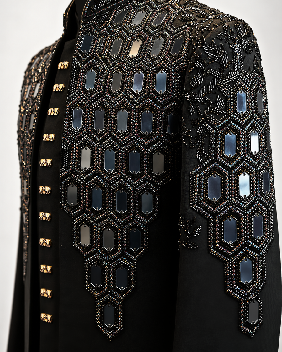 Regal Black Geometric Embellished Bandhgala Suit - Desire by Bharat Ahuja