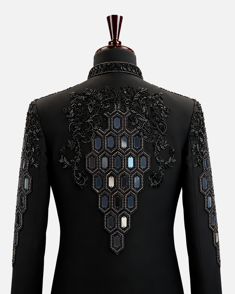 Regal Black Geometric Embellished Bandhgala Suit - Desire by Bharat Ahuja