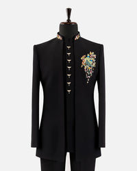 Black Peacock Embroidered Bandhgala Suit
