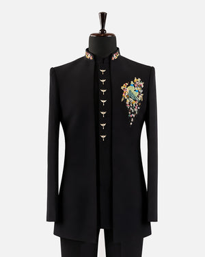 Black Peacock Embroidered Bandhgala Suit