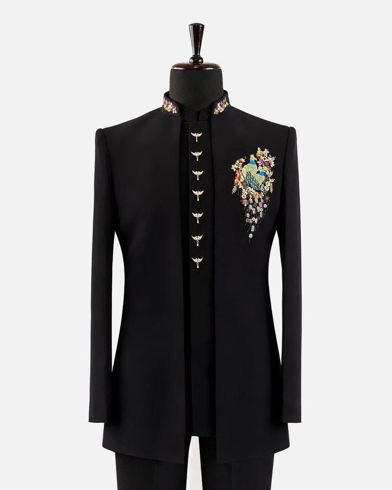 Black Peacock Embroidered Bandhgala Suit