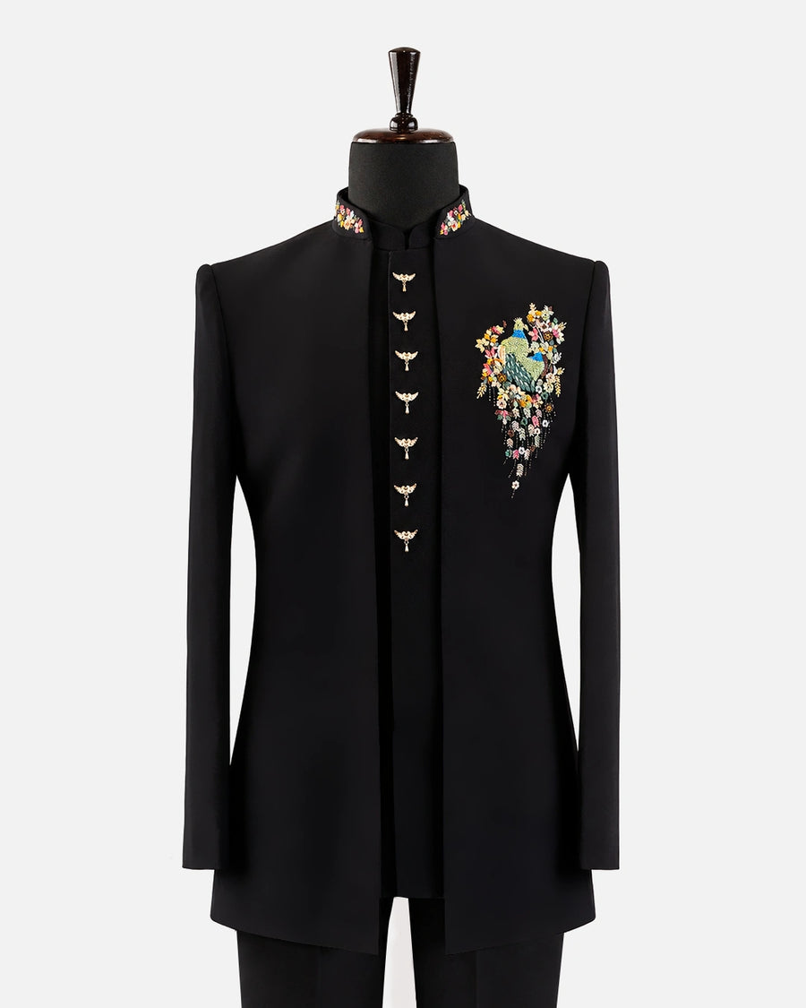 Black Peacock Embroidered Bandhgala Suit - Desire by Bharat Ahuja