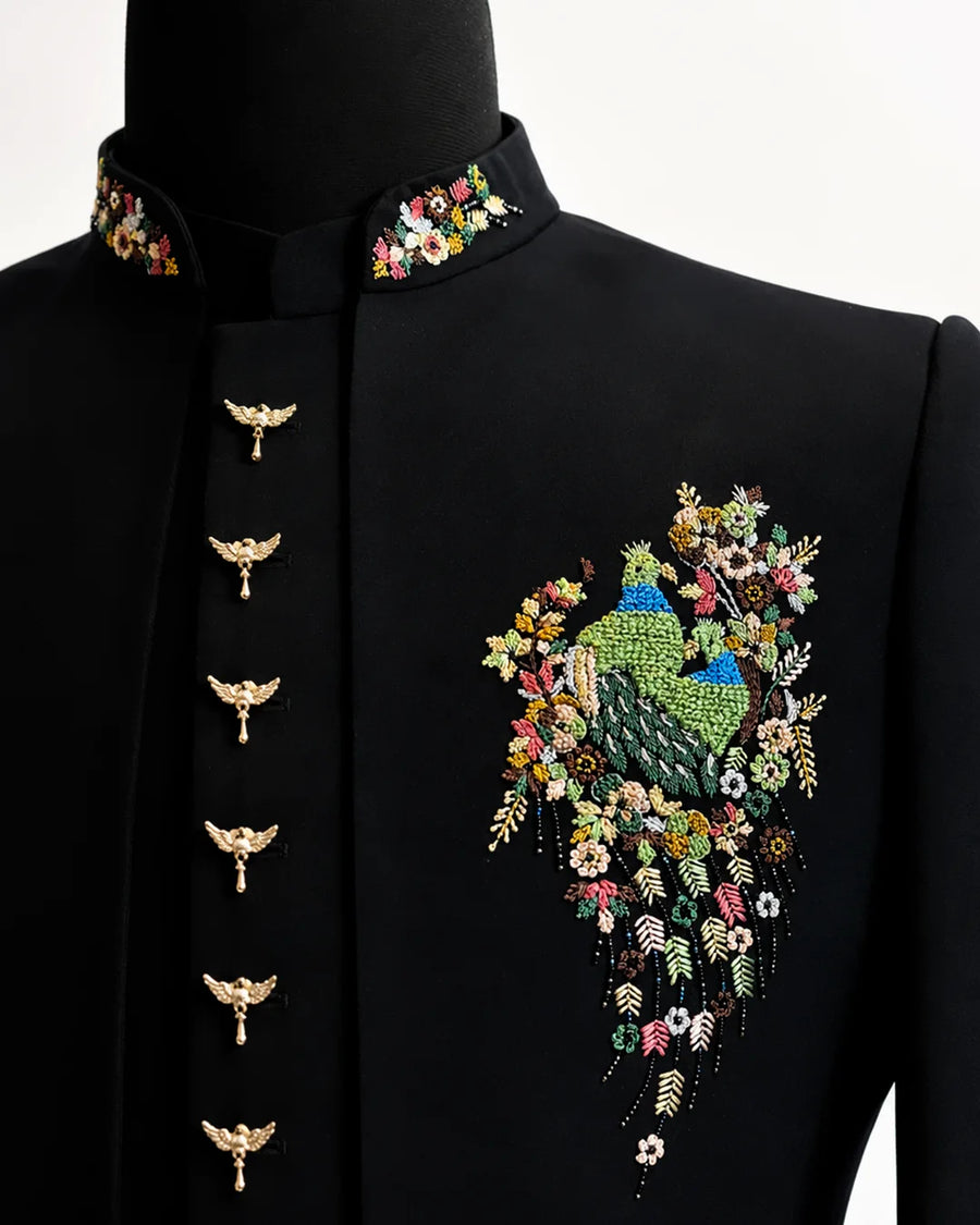 Black Peacock Embroidered Bandhgala Suit - Desire by Bharat Ahuja