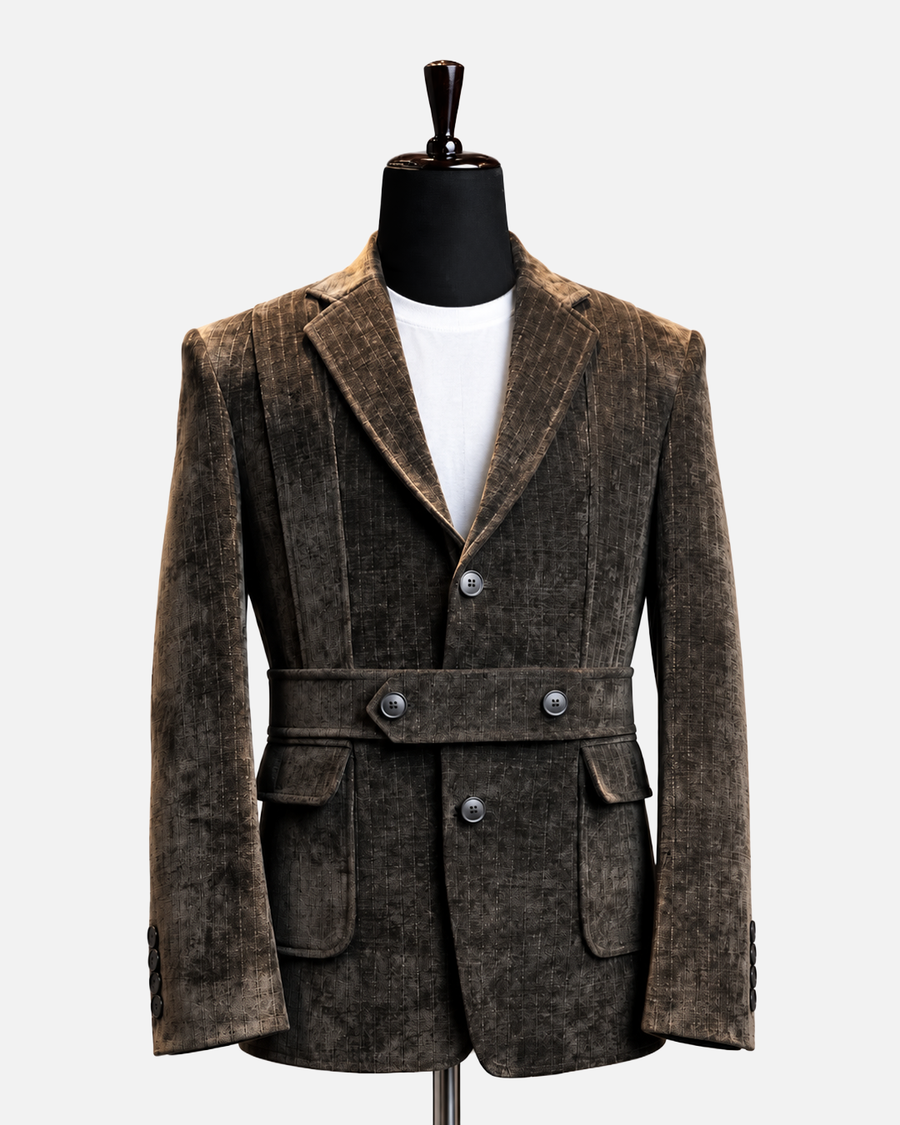 Vintage Brown Textured Belted Blazer - Desire by Bharat Ahuja