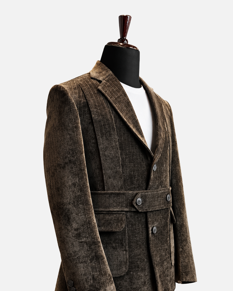Vintage Brown Textured Belted Blazer