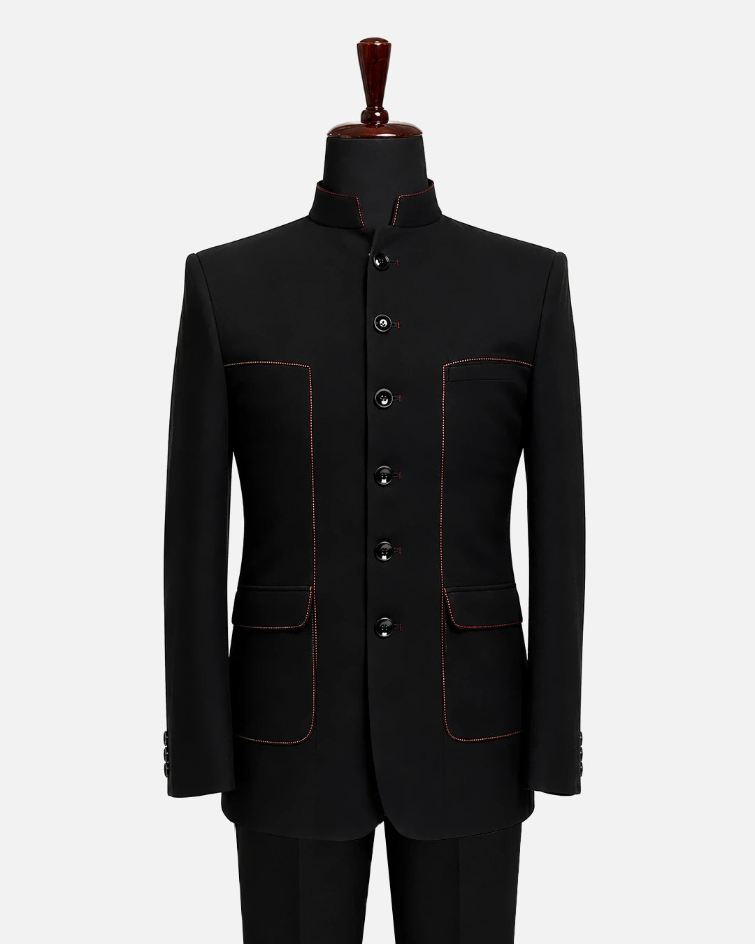 Classic Black & Red Stitch Bandhgala Suit