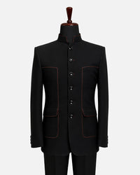 Classic Black & Red Stitch Bandhgala Suit