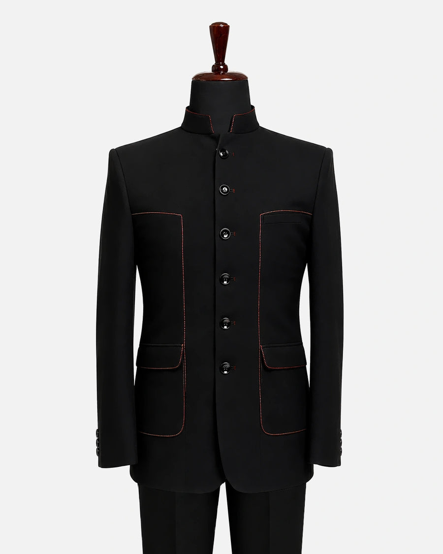 Classic Black & Red Stitch Bandhgala Suit - Desire by Bharat Ahuja