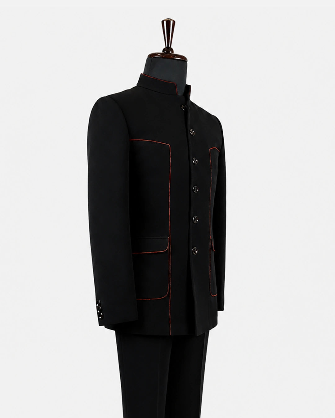 Classic Black & Red Stitch Bandhgala Suit