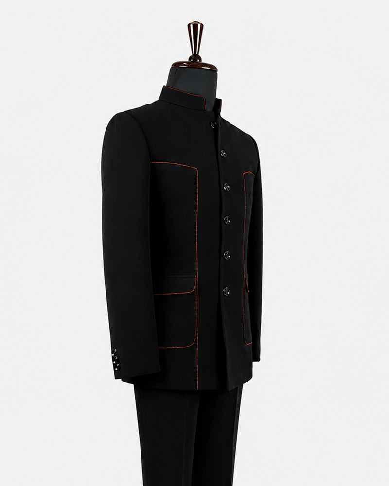 Classic Black & Red Stitch Bandhgala Suit