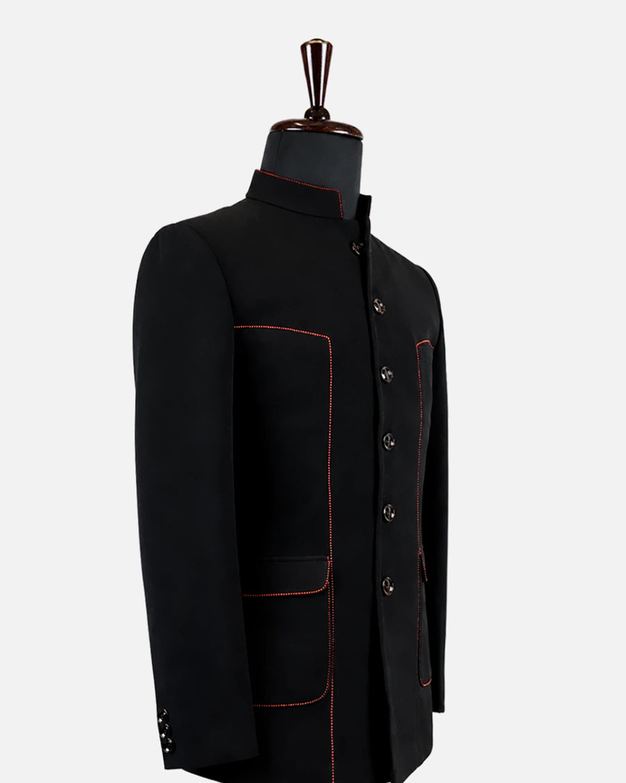 Classic Black & Red Stitch Bandhgala Suit - Desire by Bharat Ahuja