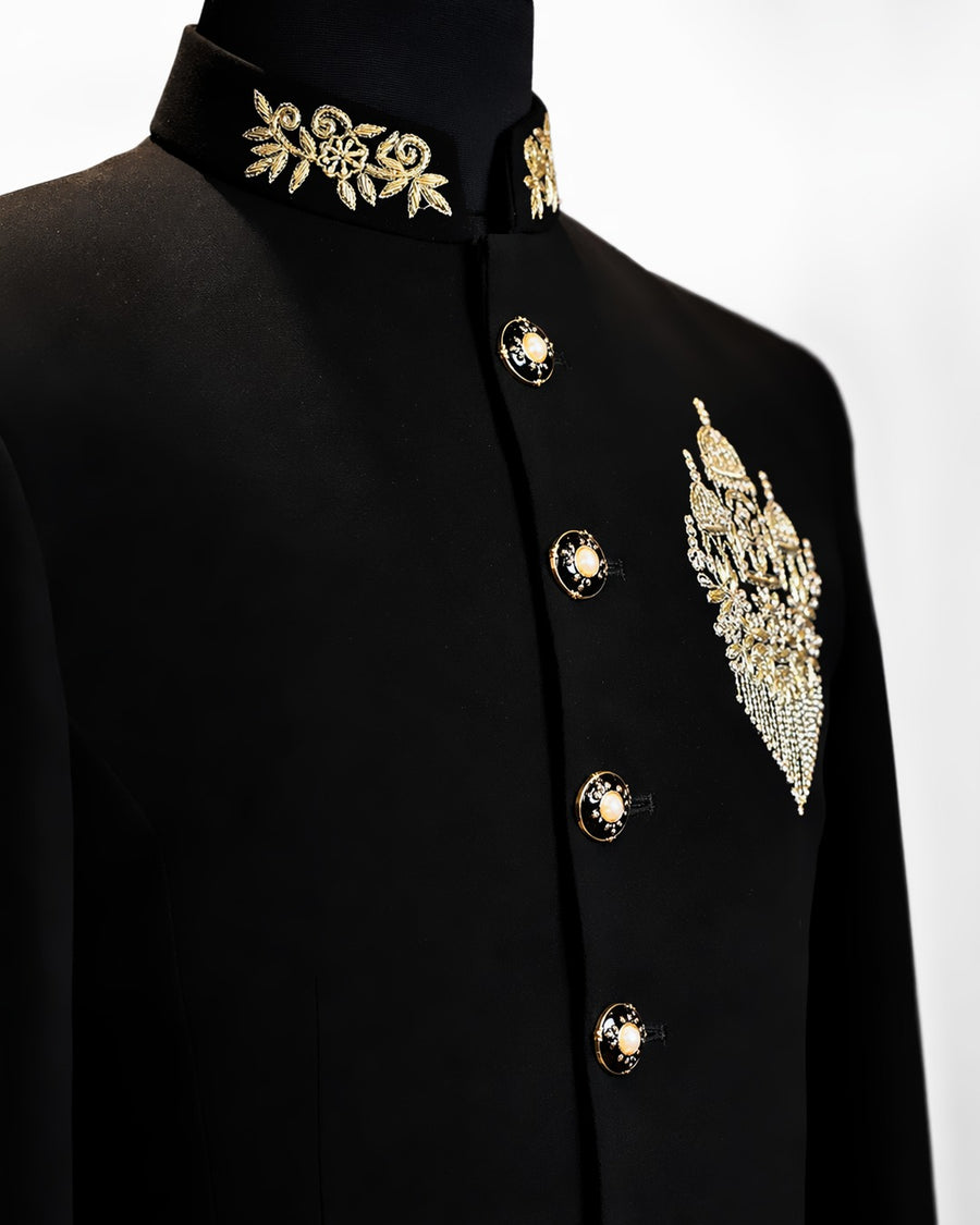 Black Royal Gold Embroidered Bandhgala Suit - Desire by Bharat Ahuja