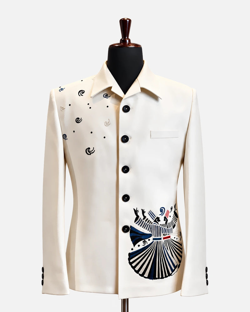 Ivory Embroidered Bandhgala Blazer with Artistic Motif