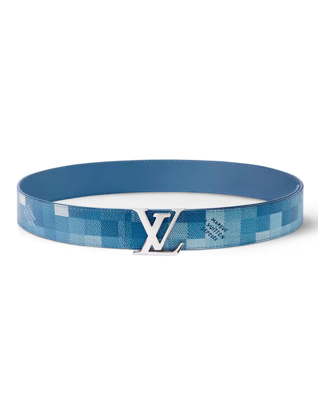 LV Blue Checkerboard Belt – Silver Logo Buckle