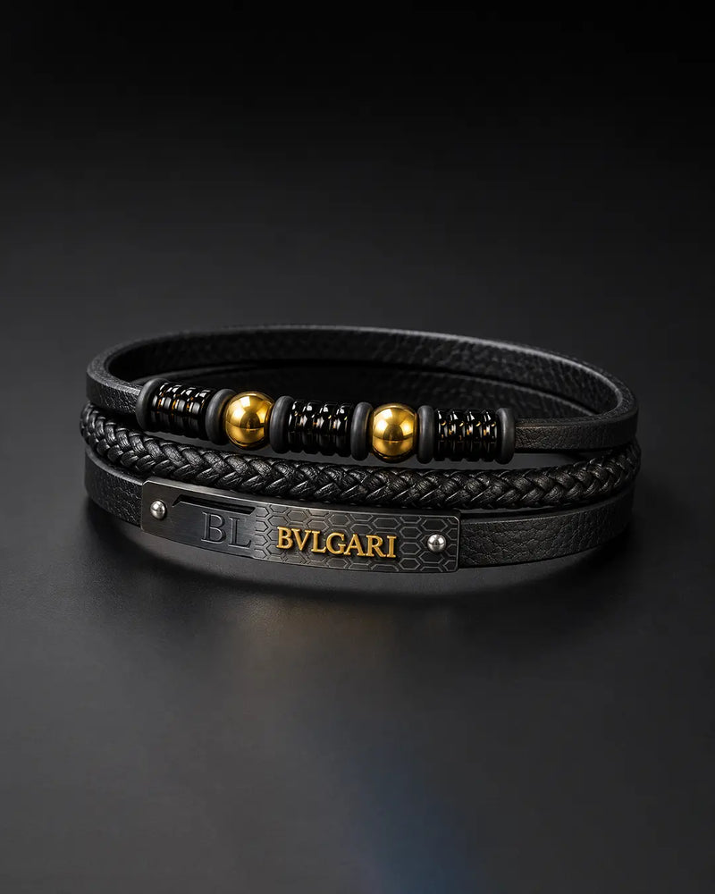 Black Layered Leather & Gold Bead Bracelet