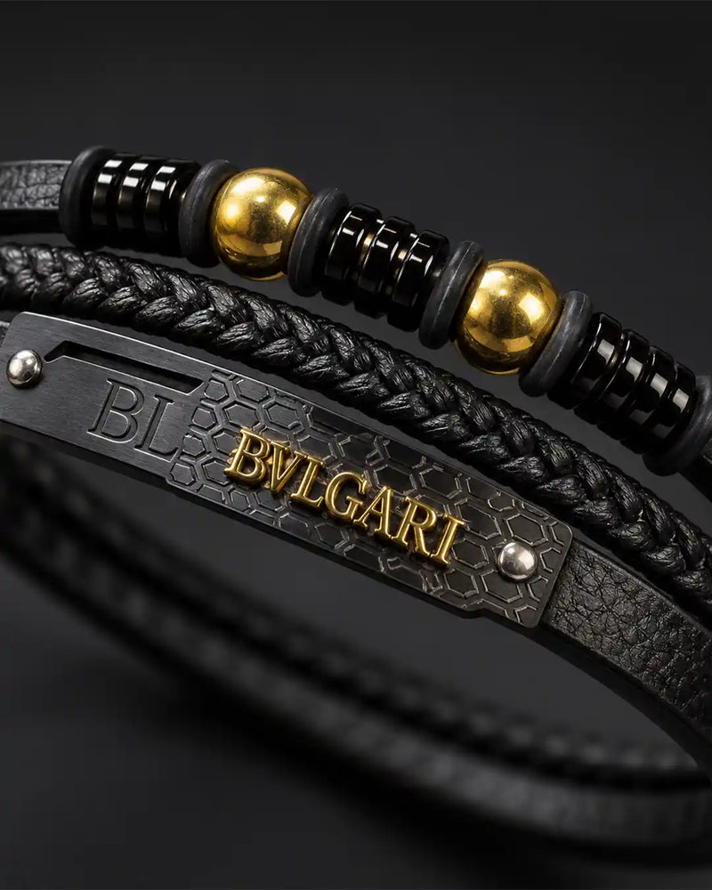 Black Layered Leather & Gold Bead Bracelet
