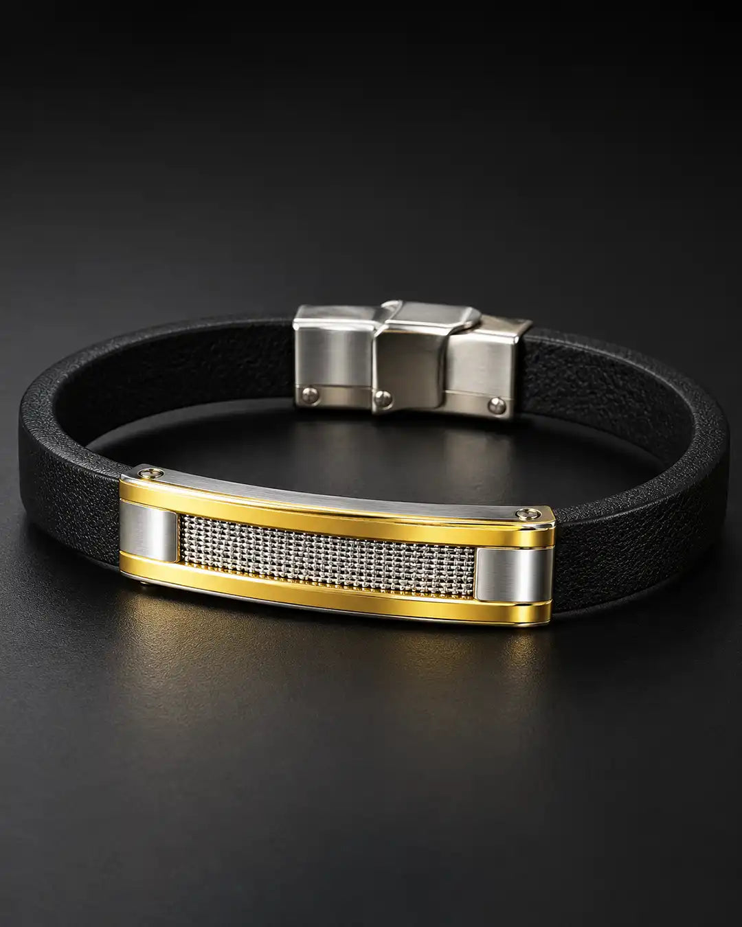 Black Leather Two-Tone Mesh Bracelet