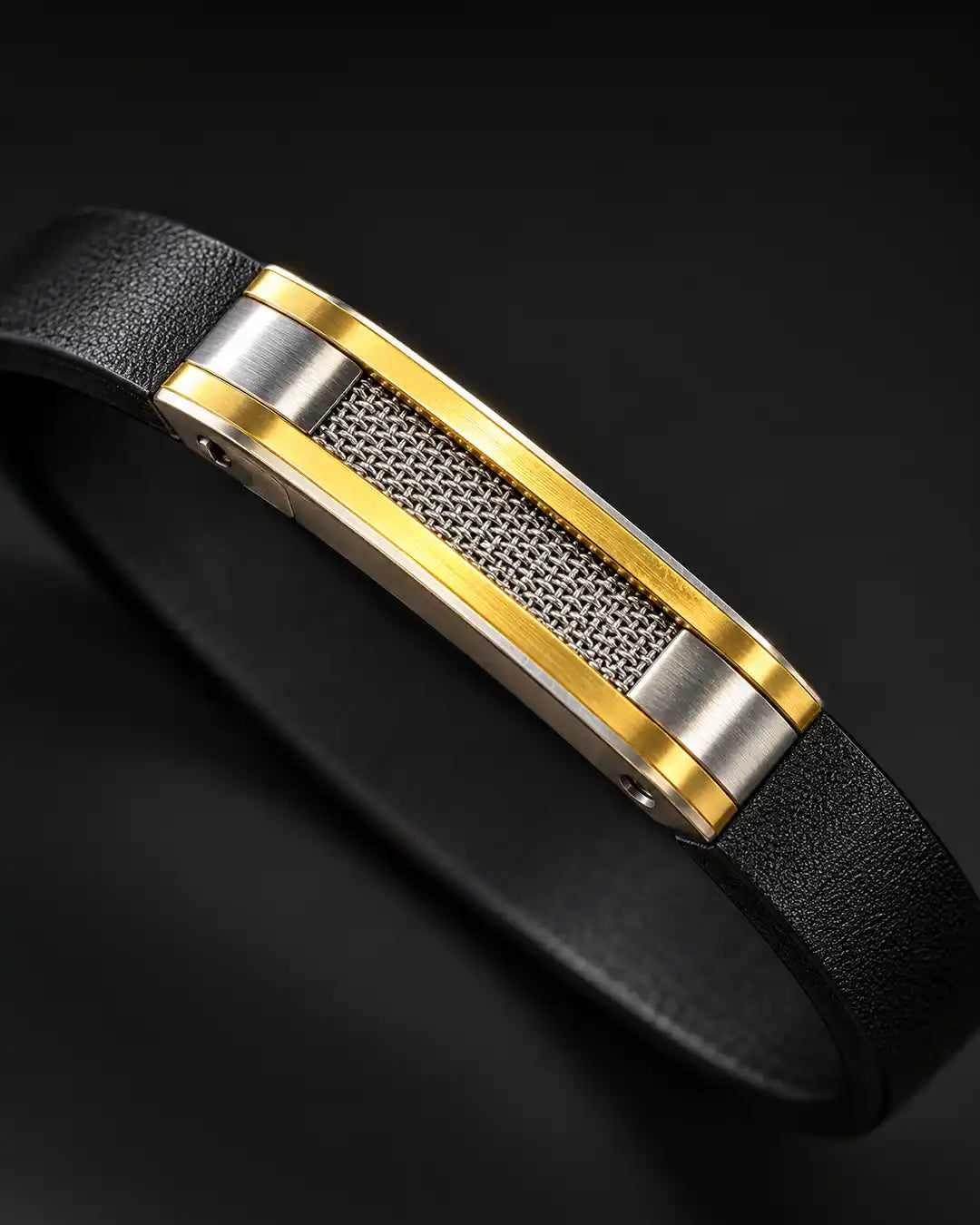Black Leather Two-Tone Mesh Bracelet