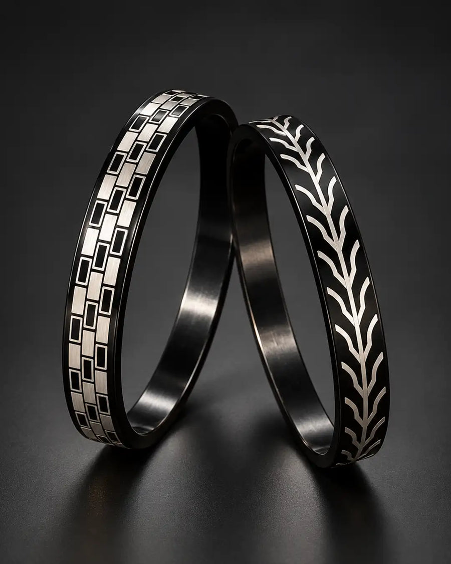 Black Pattern Rings Set - Desire by Bharat Ahuja