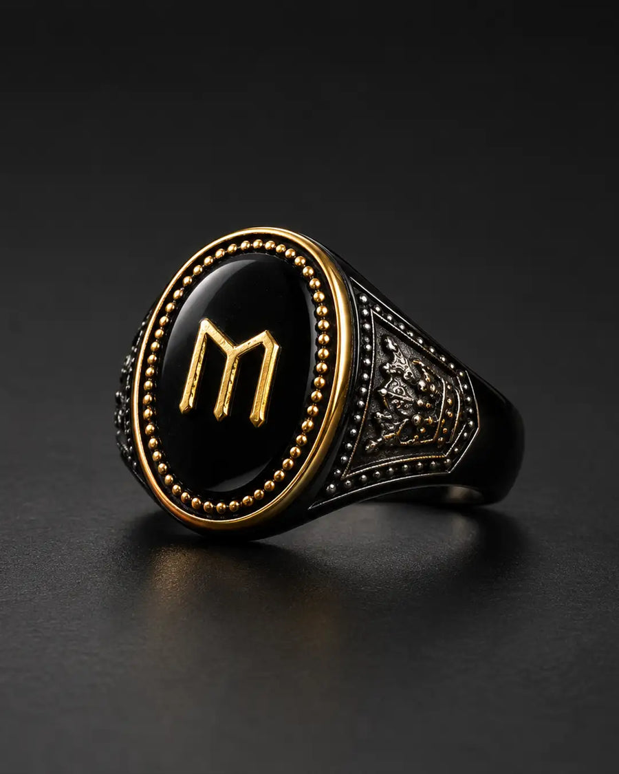Black & Gold Emblem Ring - Desire by Bharat Ahuja