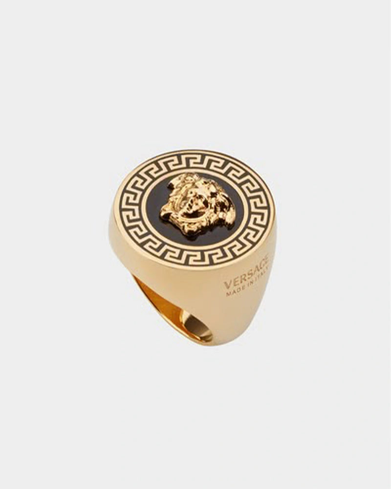 Gold Medusa Greek Key Signet Ring