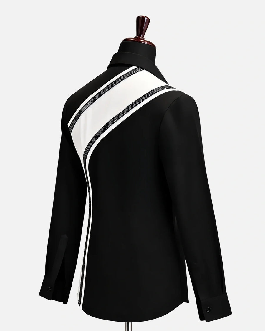 Black contrast designer shirt with white asymmetric panel, view 2 - Desire by Bharat Ahuja - Desire by Bharat Ahuja