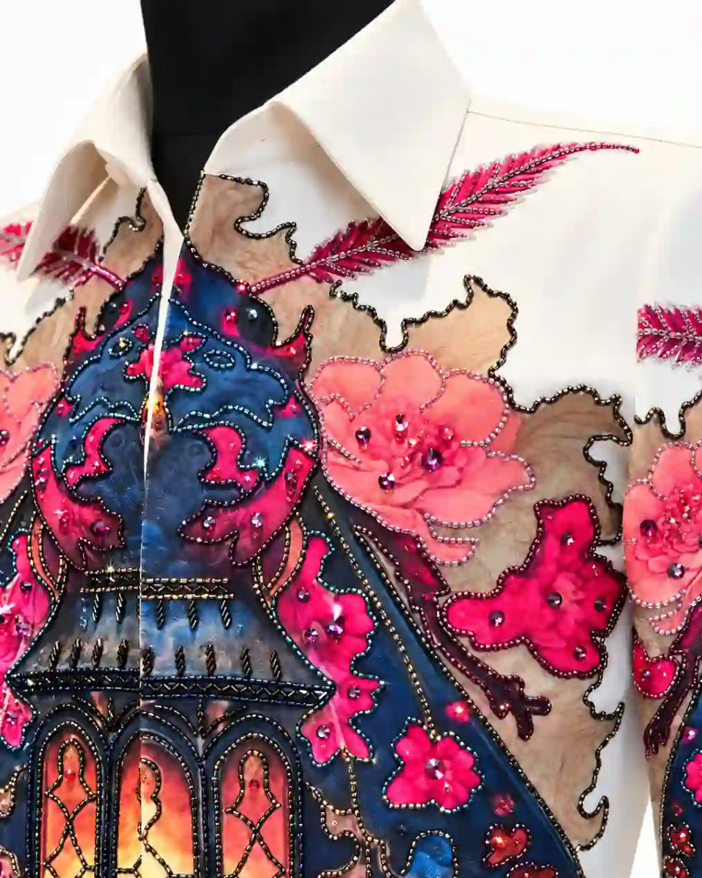 Ivory floral art designer shirt with embellished detailing, view 4 - Desire by Bharat Ahuja