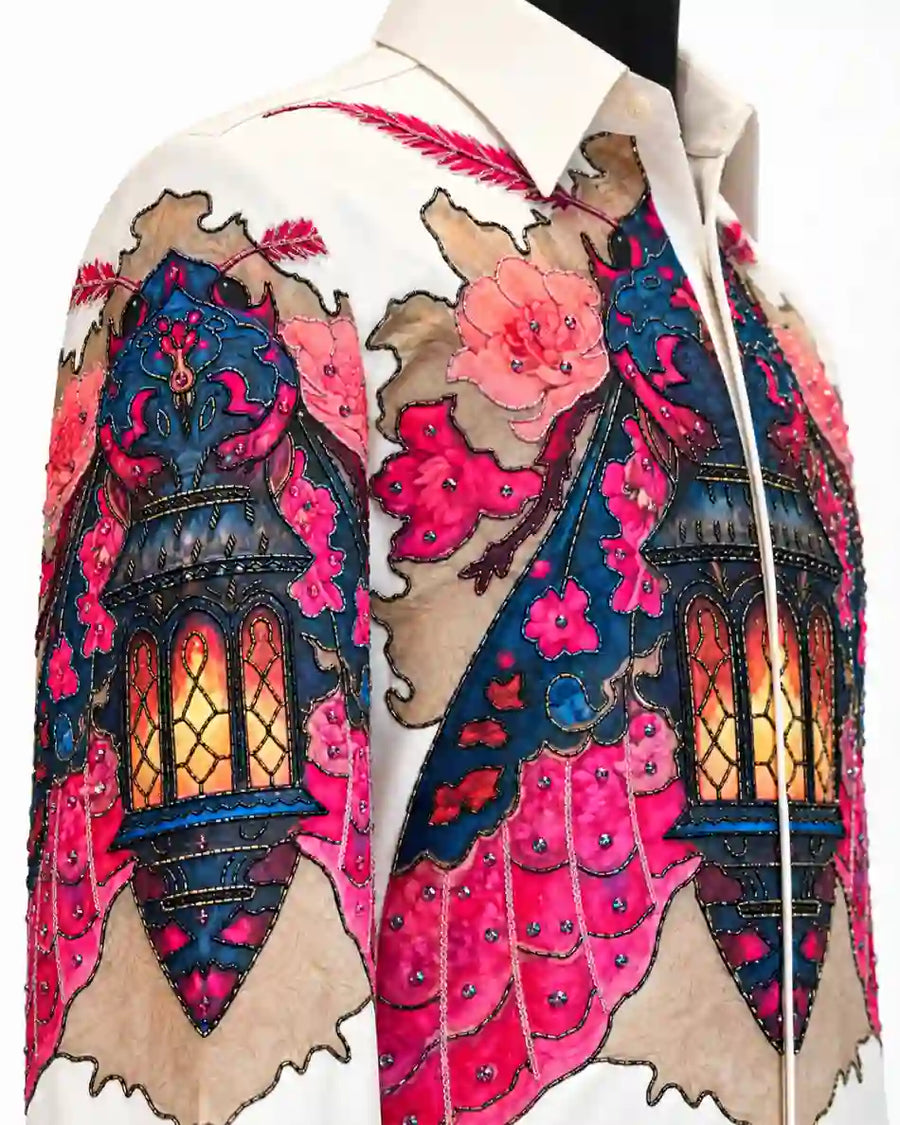 Ivory floral art designer shirt with embellished detailing, view 3 - Desire by Bharat Ahuja - Desire by Bharat Ahuja