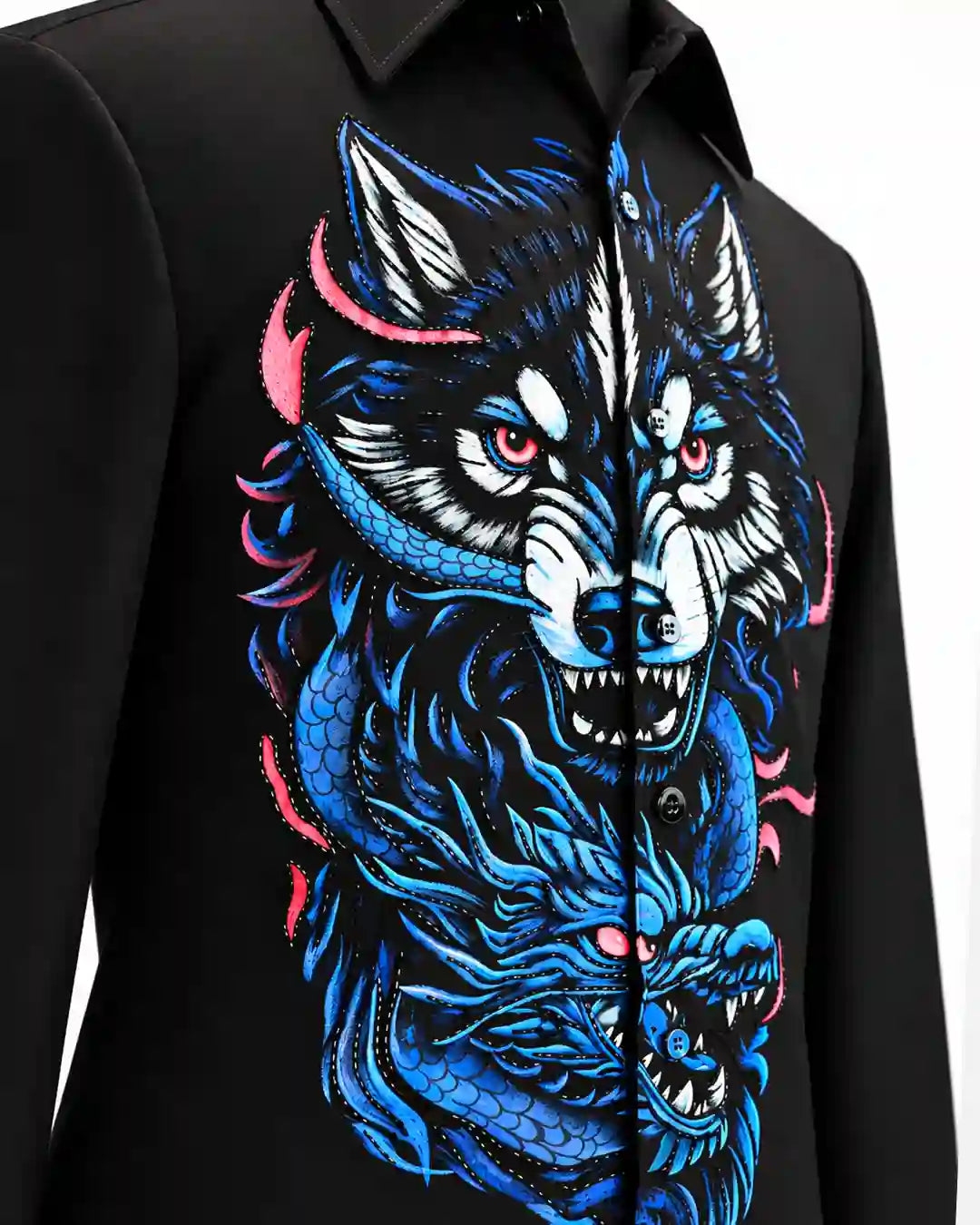 Black wolf and dragon artwork designer shirt for men, view 4 - Desire by Bharat Ahuja
