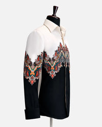 Ivory paisley designer shirt with multicolor ornamental design, view 2 - Desire by Bharat Ahuja