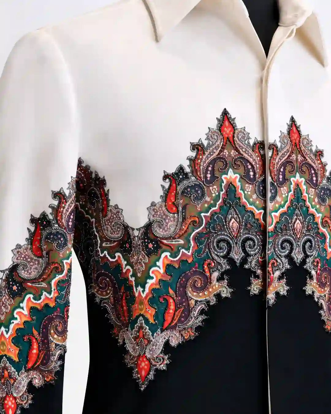 Ivory paisley designer shirt with multicolor ornamental design, view 3 - Desire by Bharat Ahuja