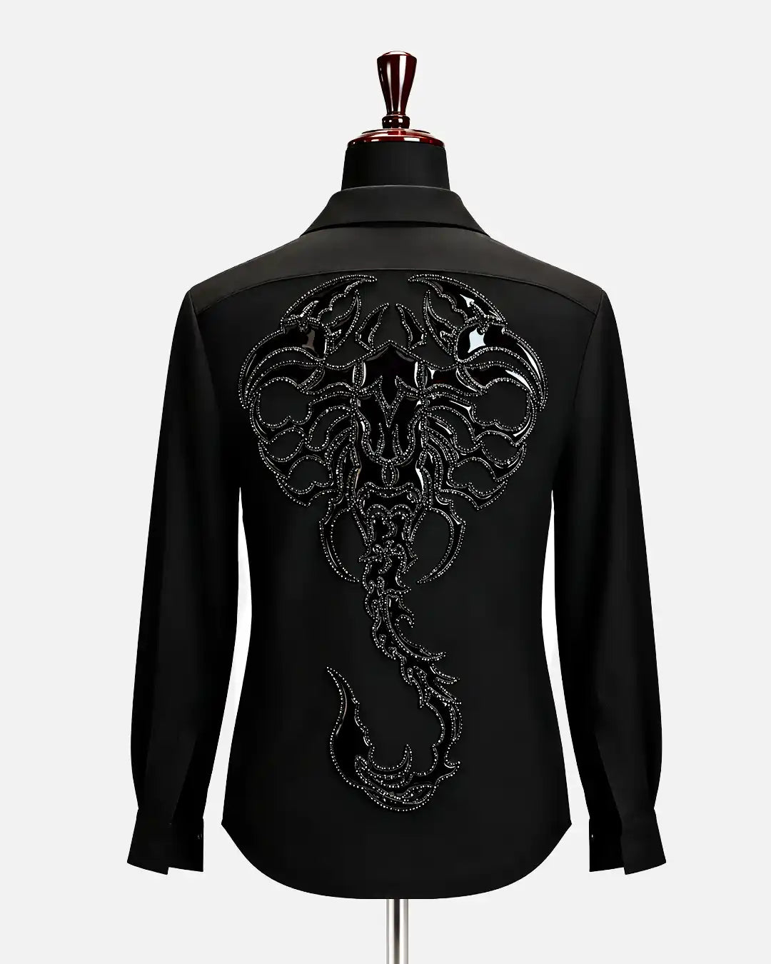Black scorpion embellished zip-up designer shirt for men, view 2 - Desire by Bharat Ahuja