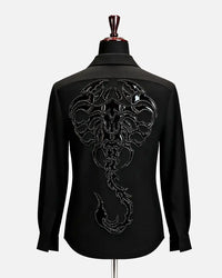 Black scorpion embellished zip-up designer shirt for men, view 2 - Desire by Bharat Ahuja