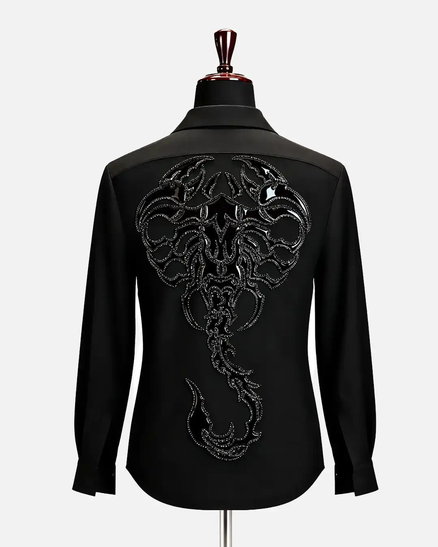 Black scorpion embellished zip-up designer shirt for men, view 2 - Desire by Bharat Ahuja - Desire by Bharat Ahuja