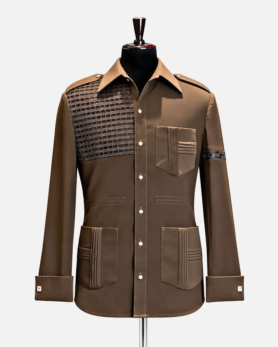 Brown utility panel designer shirt with textured contrast panel for men - Desire by Bharat Ahuja - Desire by Bharat Ahuja