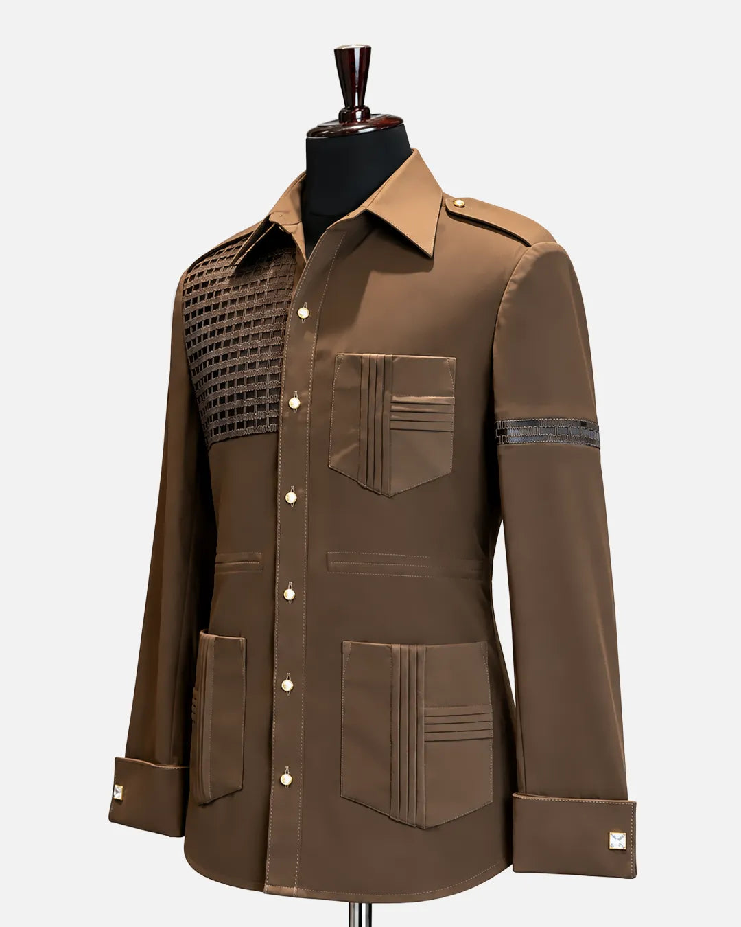 Brown utility panel designer shirt with textured contrast panel, view 3 - Desire by Bharat Ahuja