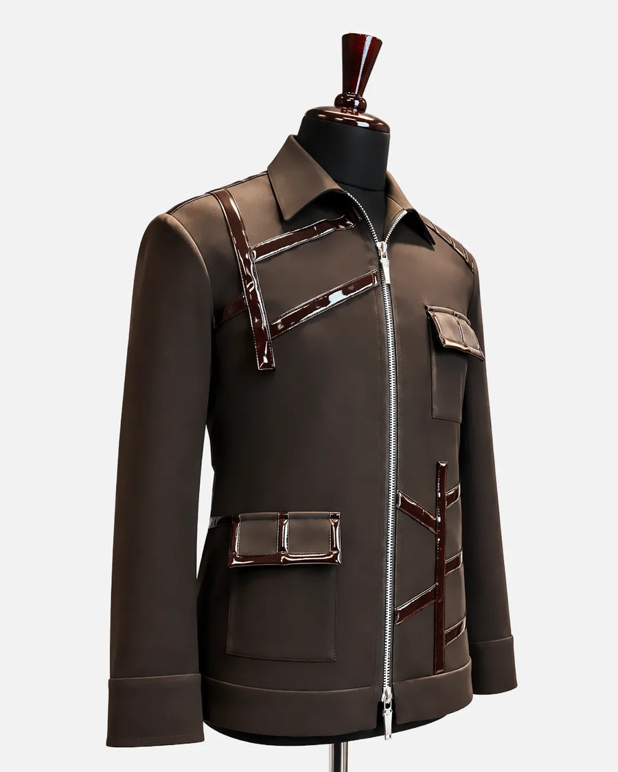 Brown Gloss Panel Utility Shacket - Desire by Bharat Ahuja