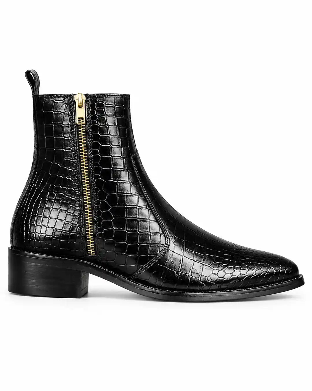 Black Croc-Embossed Zip Chelsea Boots