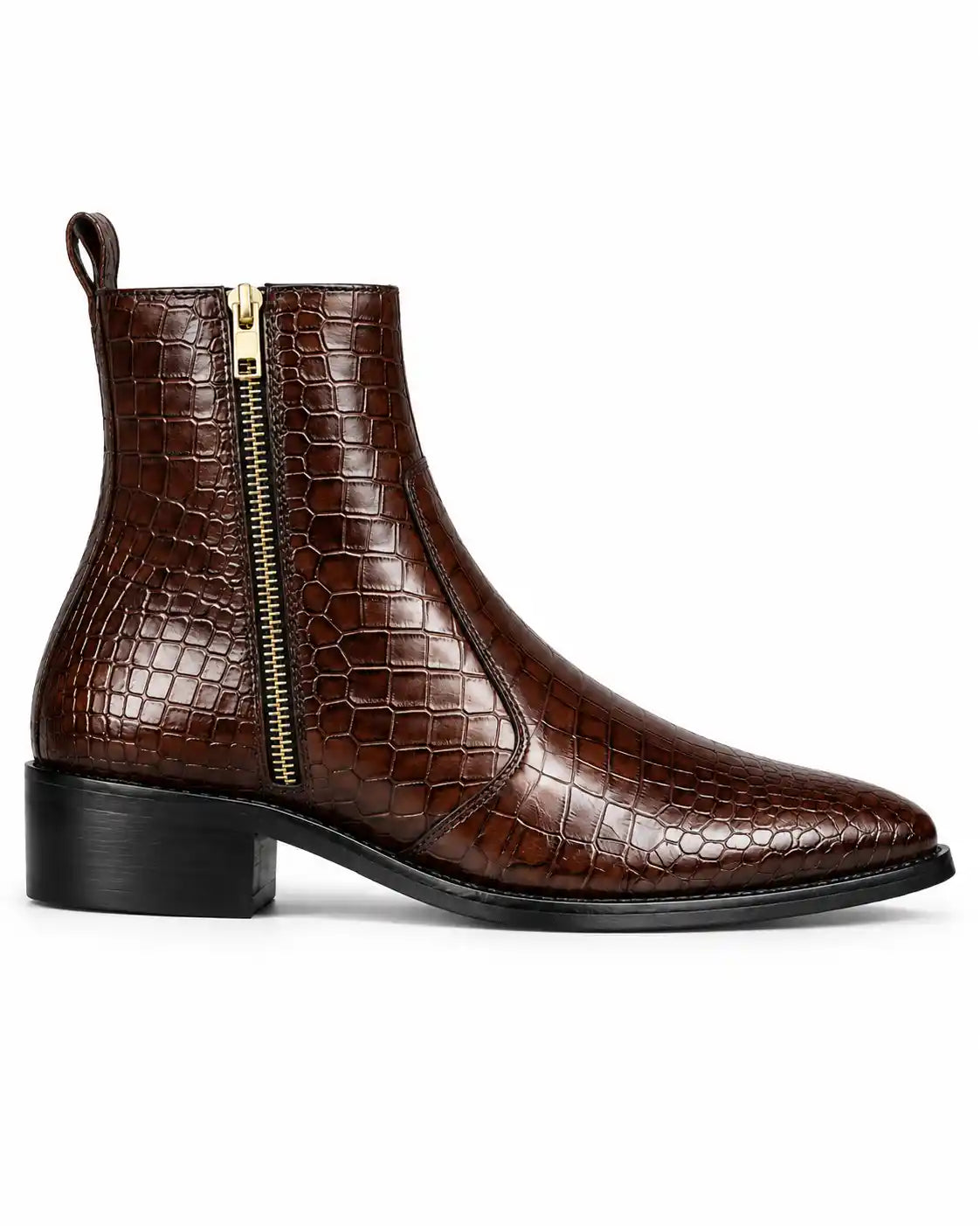 Brown Croc-Embossed Side Zip Boots
