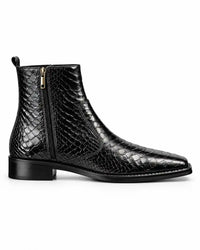 Black Scale-Embossed Side Zip Boots